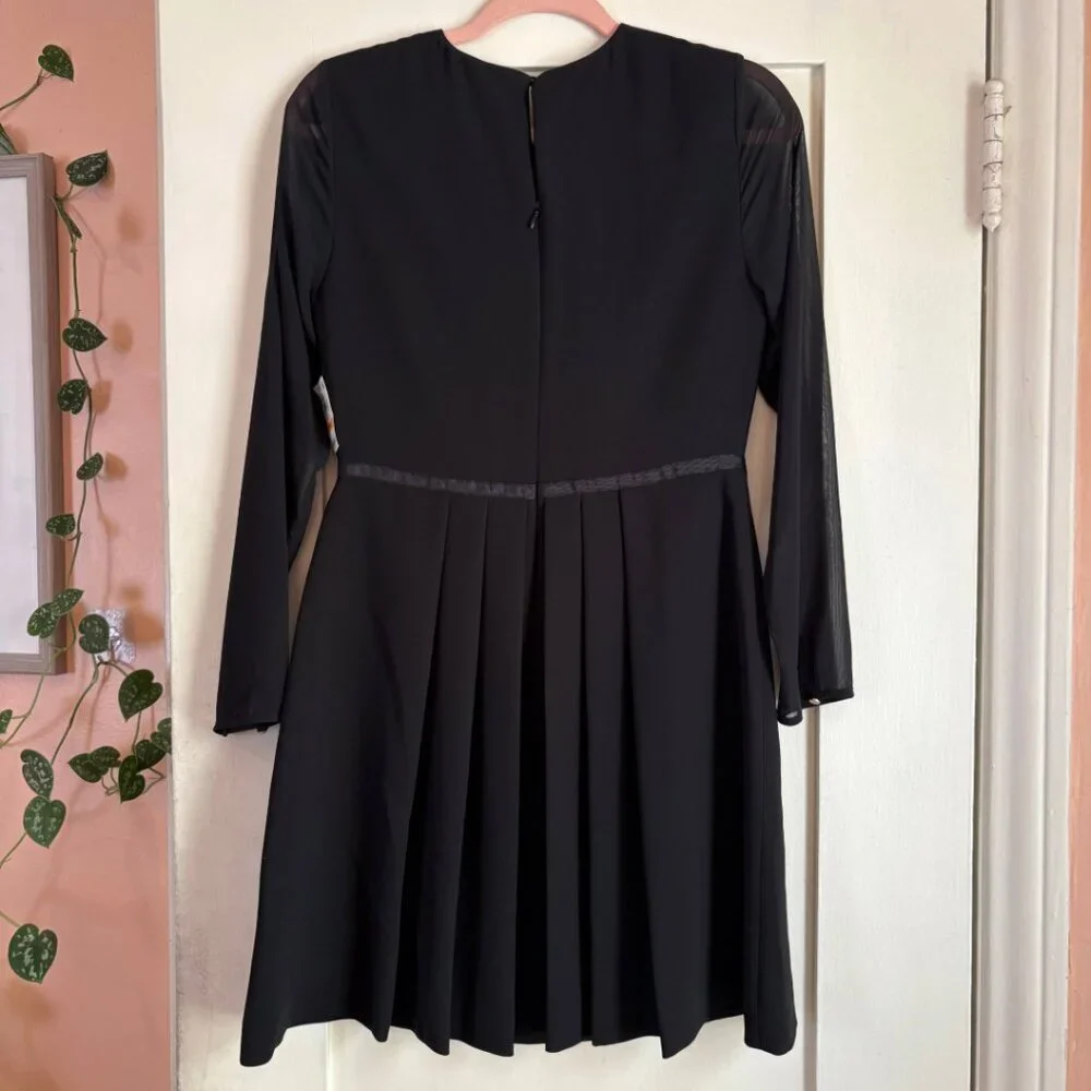Maison Jules Black Fit & Flare Dress Women’s Small Bow Detail Mesh Long Sleeve - Picture 3 of 7
